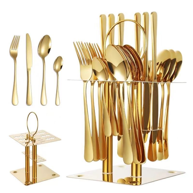 Original 24-Piece Gold Coated Cutlery Set – Luxury Dining with Spoons, Forks, Knives & Teaspoons. Crafted with high-quality stainless steel and premium gold coating for elegance, durability, & luxury