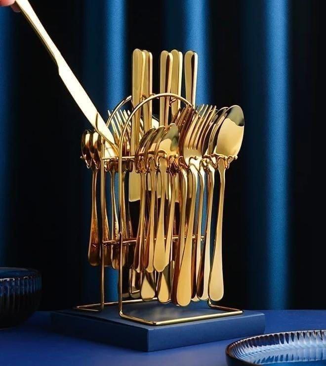 Original 24-Piece Gold Coated Cutlery Set – Luxury Dining with Spoons, Forks, Knives & Teaspoons. Crafted with high-quality stainless steel and premium gold coating for elegance, durability, & luxury