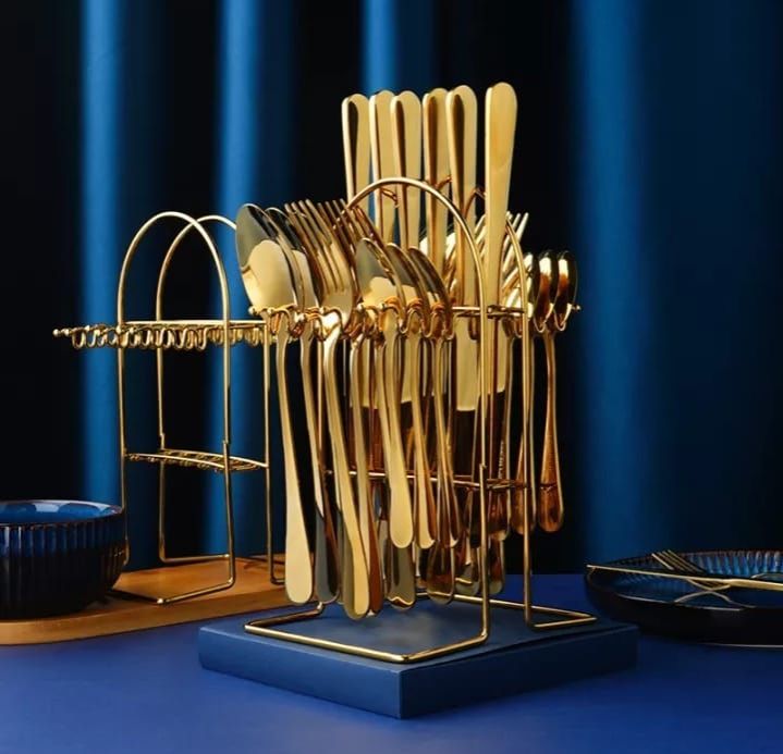Original 24-Piece Gold Coated Cutlery Set – Luxury Dining with Spoons, Forks, Knives & Teaspoons. Crafted with high-quality stainless steel and premium gold coating for elegance, durability, & luxury