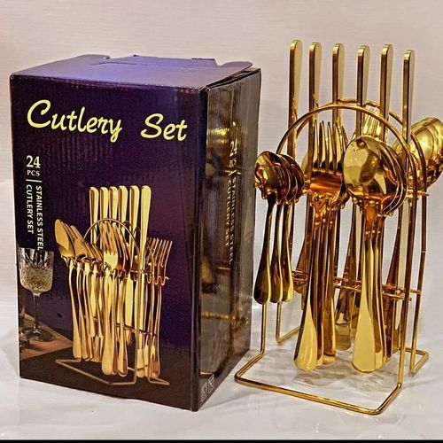 Original 24-Piece Gold Coated Cutlery Set – Luxury Dining with Spoons, Forks, Knives & Teaspoons. Crafted with high-quality stainless steel and premium gold coating for elegance, durability, & luxury