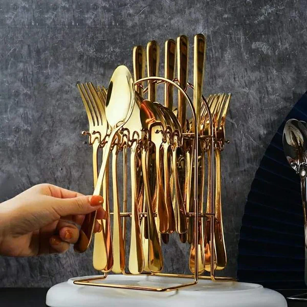 Original 24-Piece Gold Coated Cutlery Set – Luxury Dining with Spoons, Forks, Knives & Teaspoons. Crafted with high-quality stainless steel and premium gold coating for elegance, durability, & luxury