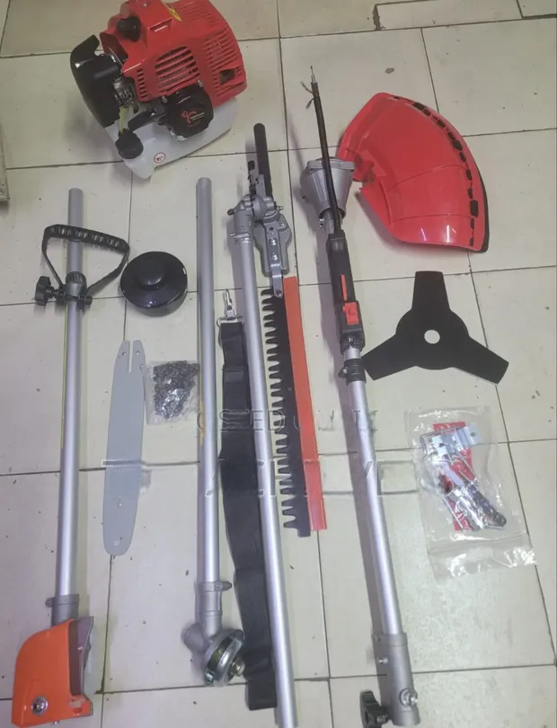 Premier 4-in-1 Multi-Function Brush Cutter – Hedge Trimmer, Chain Saw & Grass Cutter (German Technology). A versatile multi-function garden tool powered by advanced German technology.