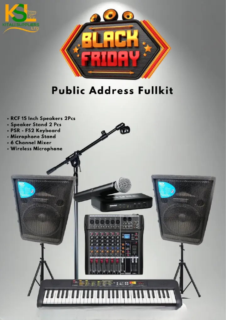 Public Address Fullkit – RCF 15 Inch Speakers (2Pcs), PSR-F52 Keyboard, 6 Channel Mixer, Wireless Microphone, Mic Stand & Speaker Stands | Complete Professional PA System for Events, Churches & Studio