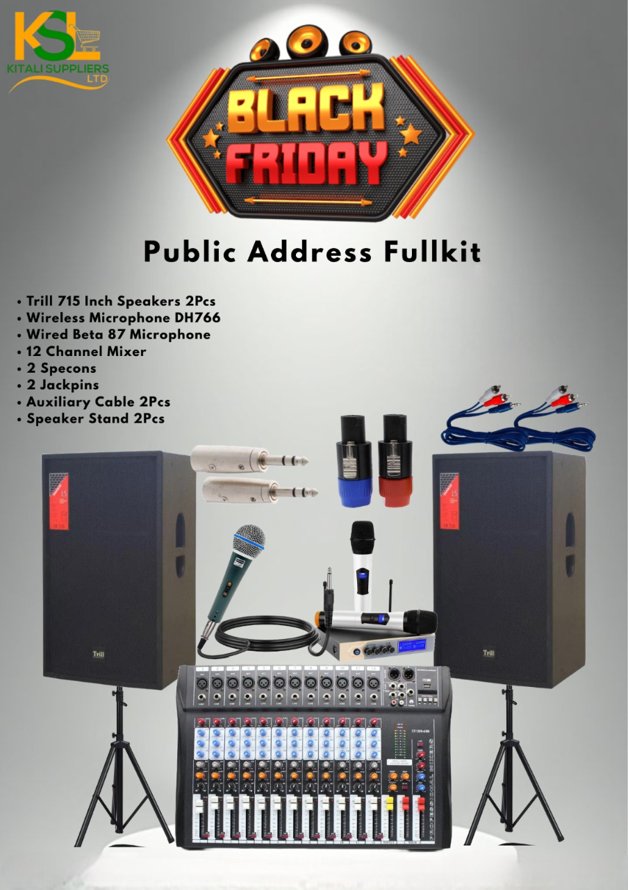 Public Address Fullkit – Trill 715 Inch Speakers (2Pcs), DH766 Wireless Mic, Wired Beta 87 Mic, 12 Channel Mixer, Specons, Jackpins, Auxiliary Cables & Speaker Stands | Professional PA System