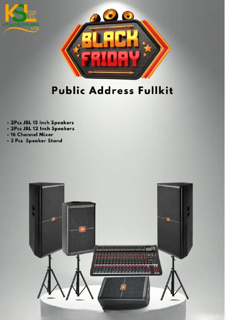 Public Address Fullkit – 2Pcs JBL 15 Inch Speakers, 2Pcs JBL 12 Inch Speakers, 16 Channel Mixer & 3 Speaker Stands | Complete Professional PA Sound System for Churches, Events & Studios