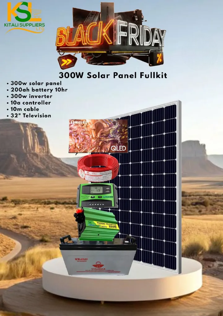 Complete 300W Solar Power Kit with 200Ah Battery, 300W Inverter, 10A Controller, 32" Digital TV & 10m Cable – Ideal for Home & Off-Grid Power Use