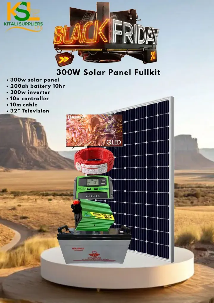 Complete 300W Solar Power Kit with 200Ah Battery, 300W Inverter, 10A Controller, 32" Digital TV & 10m Cable – Ideal for Home & Off-Grid Power Use