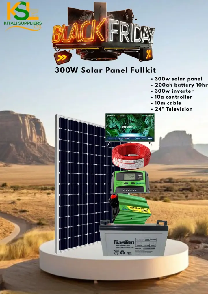 300W Solar Power Kit with 24" TV – Complete Home & Off-Grid Solar System | Includes 200Ah Battery, Inverter, Controller & Cables. An all-in-one solution designed for both home and off-grid use.