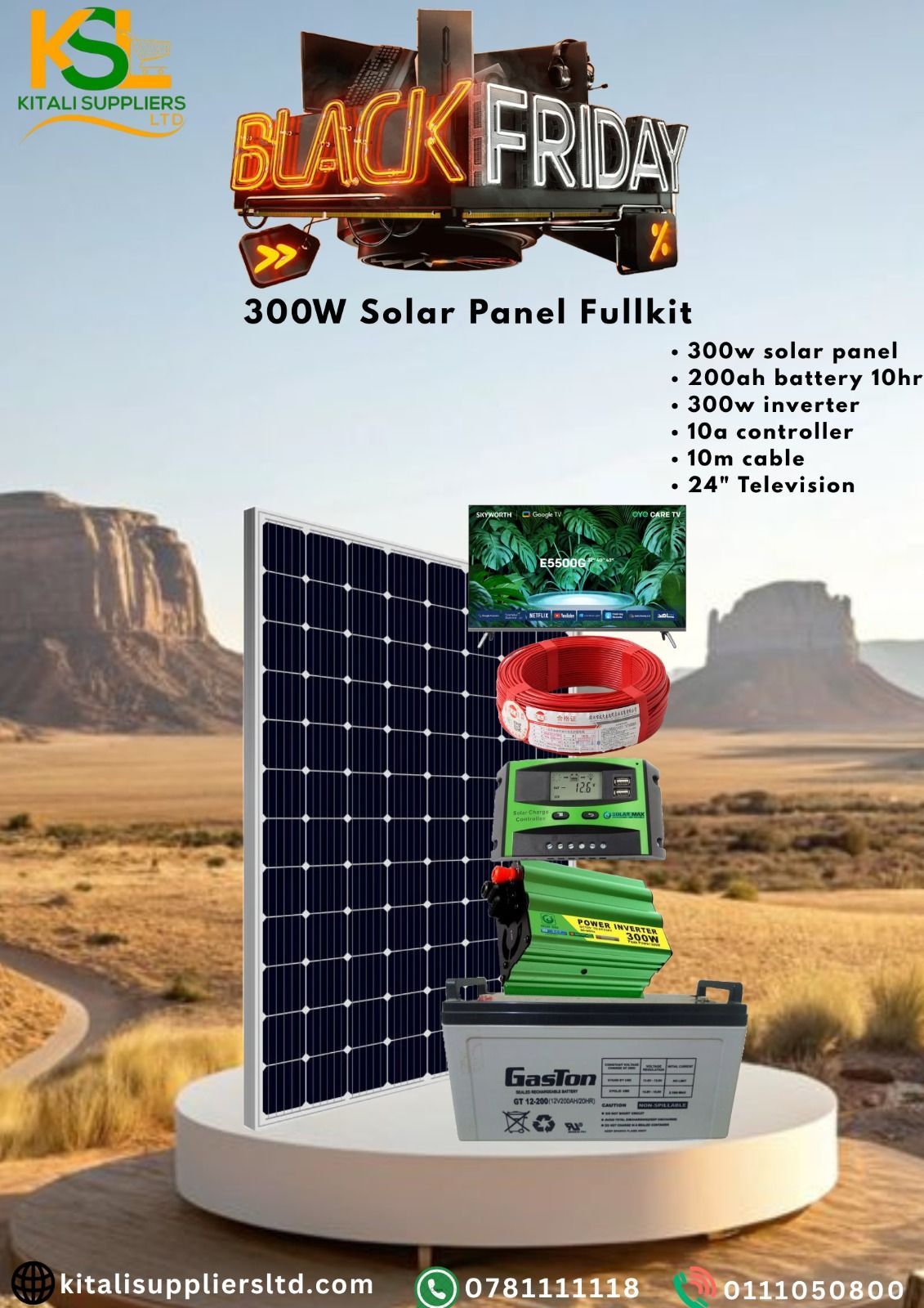 300W Solar Power Kit with 24" TV – Complete Home & Off-Grid Solar System | Includes 200Ah Battery, Inverter, Controller & Cables. An all-in-one solution designed for both home and off-grid use.