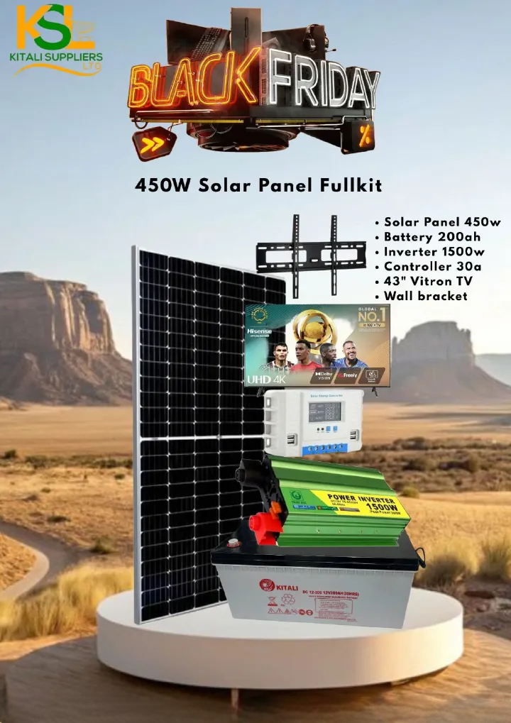 450W Solar Power Kit with 43" Smart TV – Complete Home Solar System | 200Ah Kitali Battery, 1500W Inverter, 30A Controller & Wall Bracket