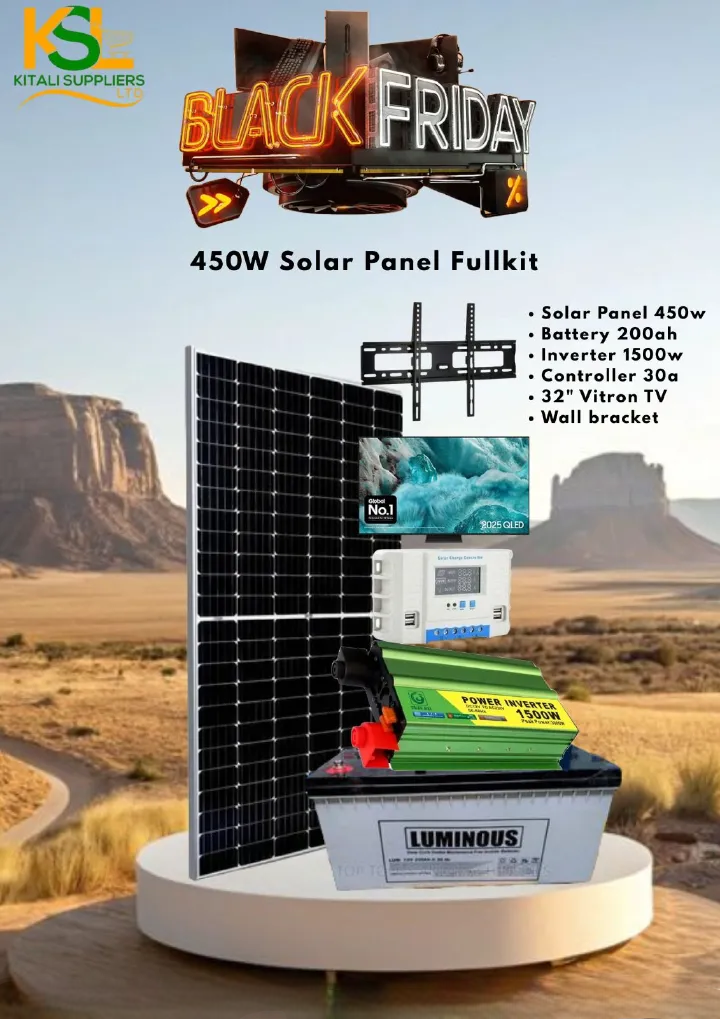 Complete 450W Solar Power Kit with 32" Vitron TV – 200Ah Luminous Battery, 1500W Inverter, 30A Solar Controller & Wall Bracket | Reliable Home & Business Power Solution