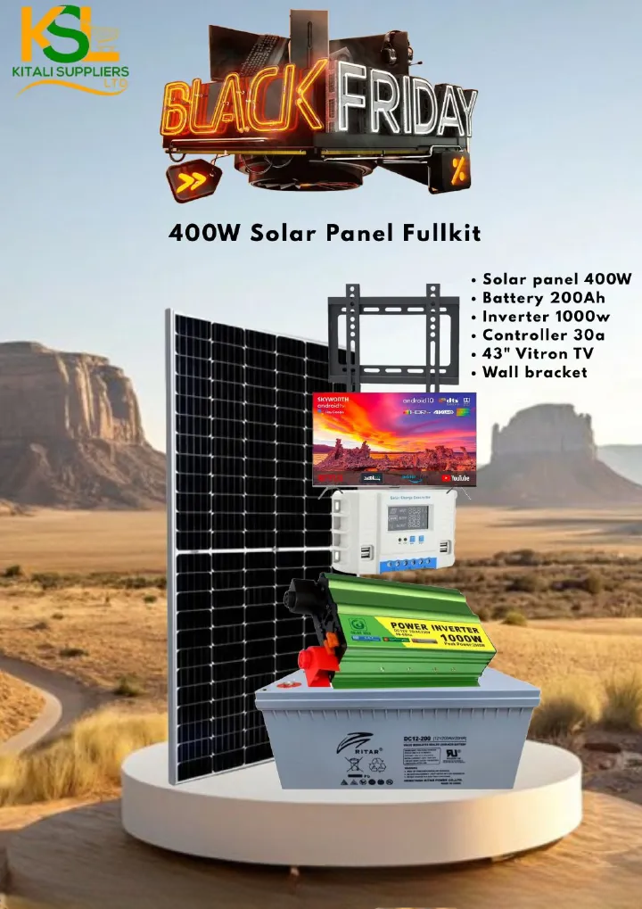 Complete 400W Solar Power Kit with 43" Vitron TV – 200Ah Deep Cycle Battery, 1000W Inverter, 30A Controller & Wall Bracket | Reliable Home & Business Solar Energy System