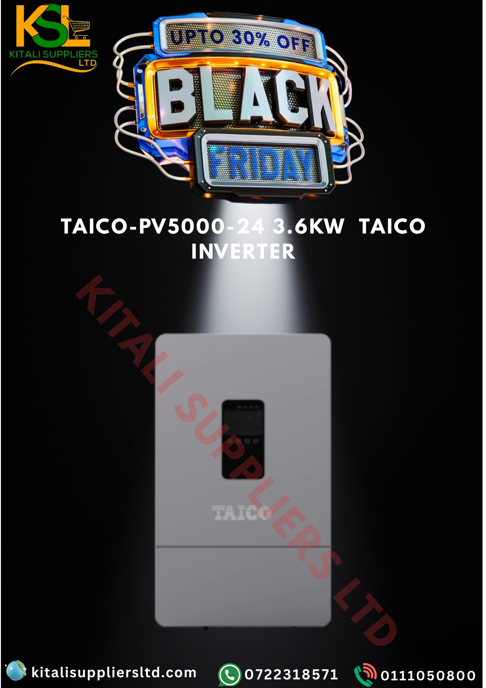 TAICO PV5000-24 3.6KW Hybrid Inverter – 24V Pure Sine Wave MPPT Solar Inverter | Dual AC & PV Input, LCD Display, Smart Energy Management System