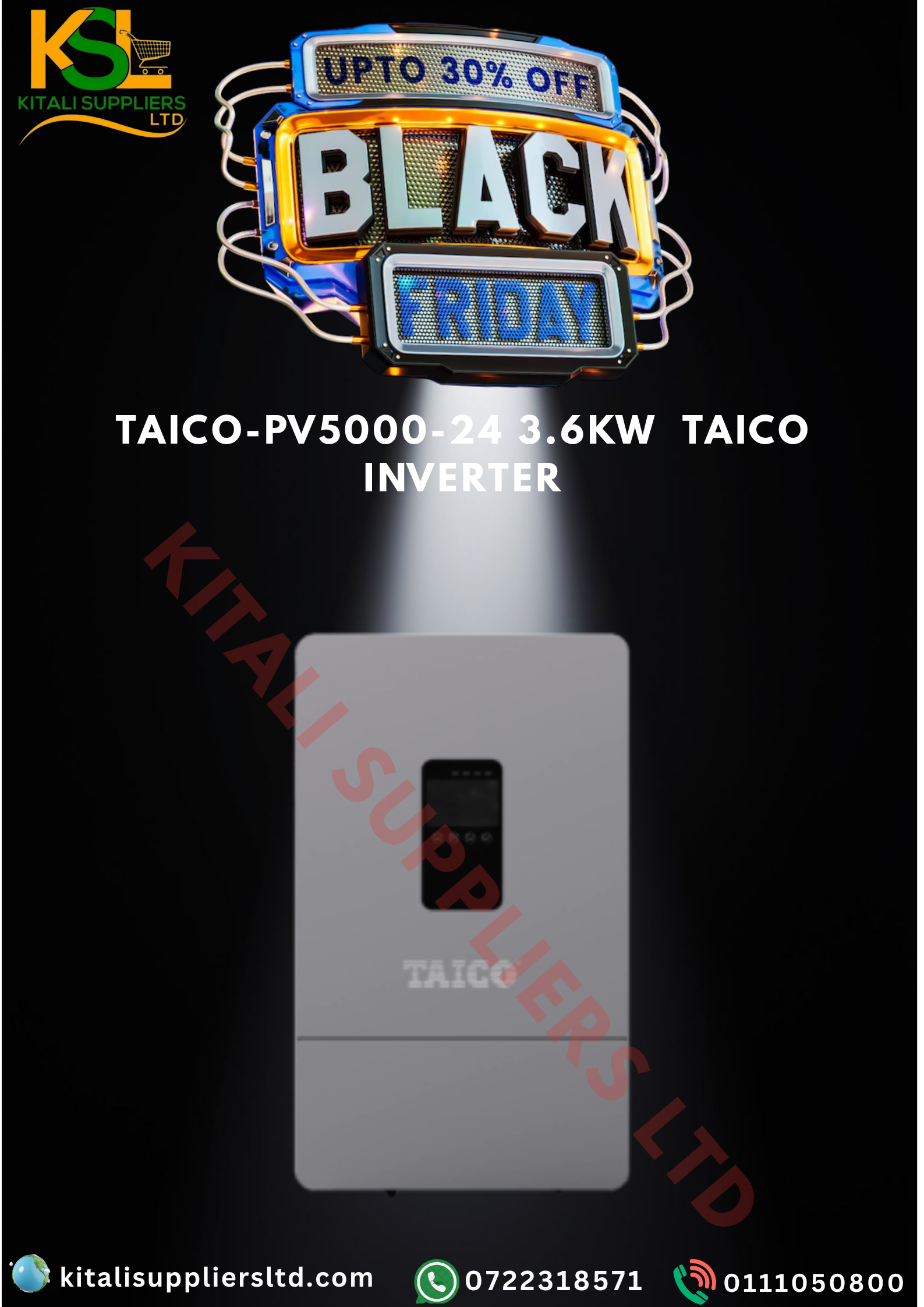 TAICO PV5000-24 3.6KW Hybrid Inverter – 24V Pure Sine Wave MPPT Solar Inverter | Dual AC & PV Input, LCD Display, Smart Energy Management System