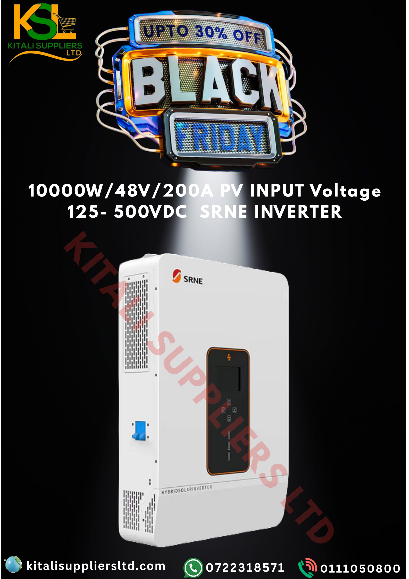 SRNE 10KW 48V Hybrid Inverter – Pure Sine Wave MPPT Solar Inverter | 125–500V PV Input, 200A Charging, WiFi Monitoring & Smart LCD Control
