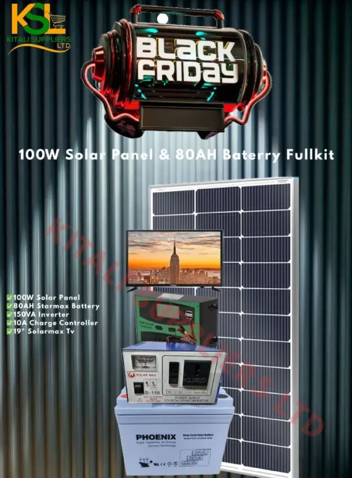 100W Solar Panel + 80AH Battery Full Solar Kit with 19” Solarmax Digital LED TV | Complete Home Power System. Unstable power supply, this kit provides lighting, entertainment, and device charging.