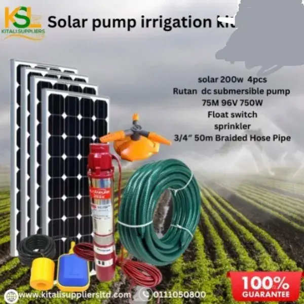 4PC 200W Solar Panel Kit + 96V 750W DC Water Pump + Float Switch + Sprinkler + 50m Pipe | Complete Solar Water Pumping System. Operate without fuel, without electricity costs, and with zero monthly bi