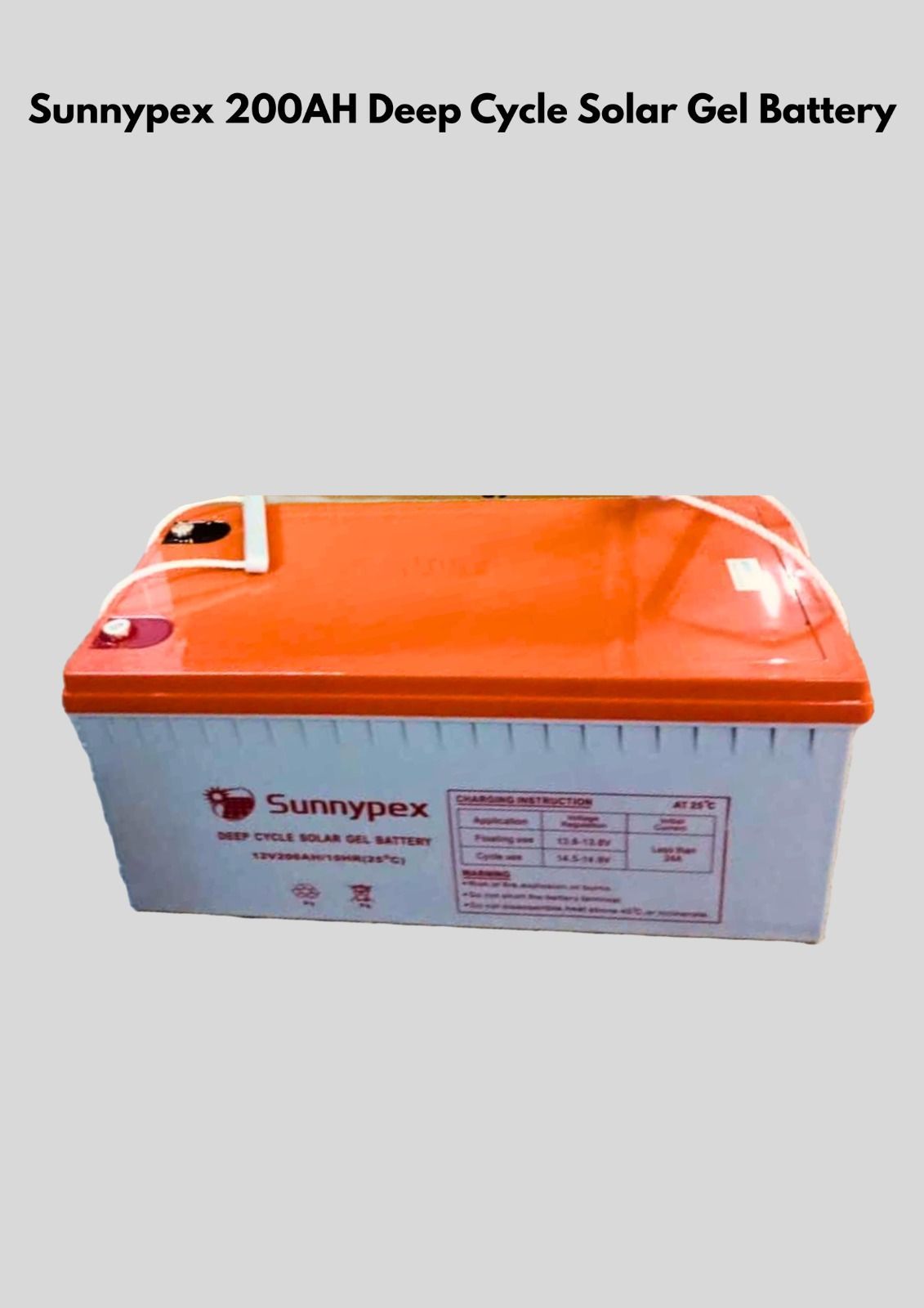 Sunnypex 200Ah 12V Battery – Deep Cycle Solar Power Storage. High-density lead plates and deep cycle technology, this battery delivers steady power output, high durability, and long service life.