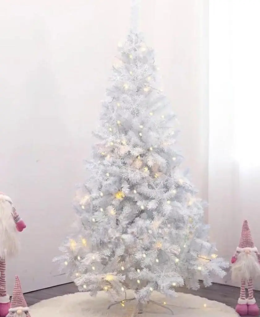 1.5M (5Ft) White Christmas Tree – Elegant Full Artificial Tree with Metal Stand | Premium PVC Snowy-White Branches. Designed to stand out as a beautiful centerpiece for holiday décor.