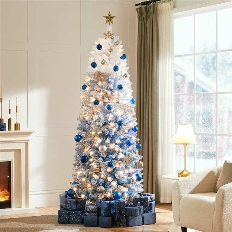 1.8M  White Christmas Tree – Full Snowy Artificial Tree with Sturdy Metal Stand Premium Dense PVC White Branches. Well-shaped silhouette that looks stunning in both minimalist & themed Christmas décor