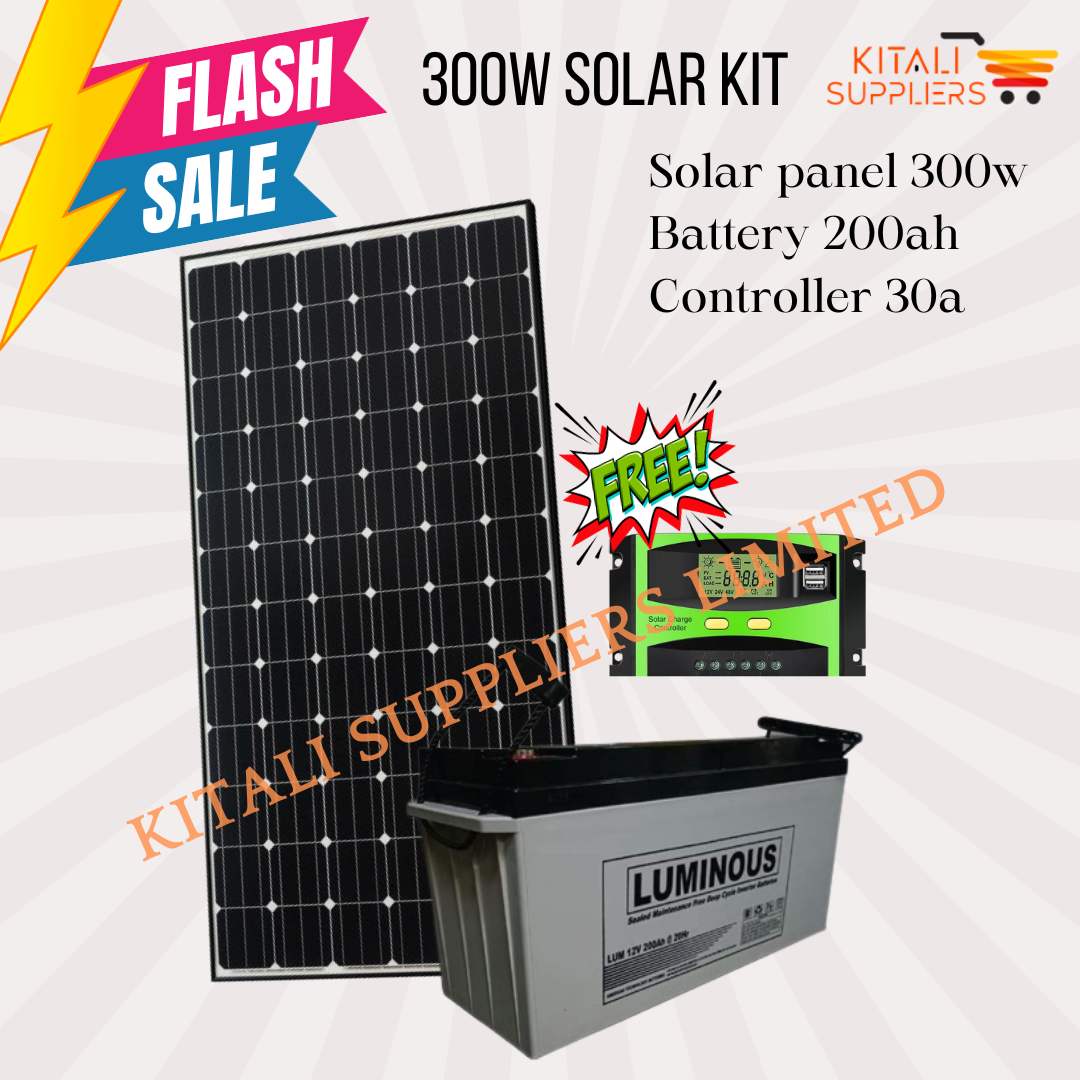 300W Solar Full Kit – 300W Solar Panel + 200Ah Luminous Battery + 30A Solar Charge Controller Complete Solar Power System. A  compact yet powerful solar solution for homes, offices, schools, & shops.