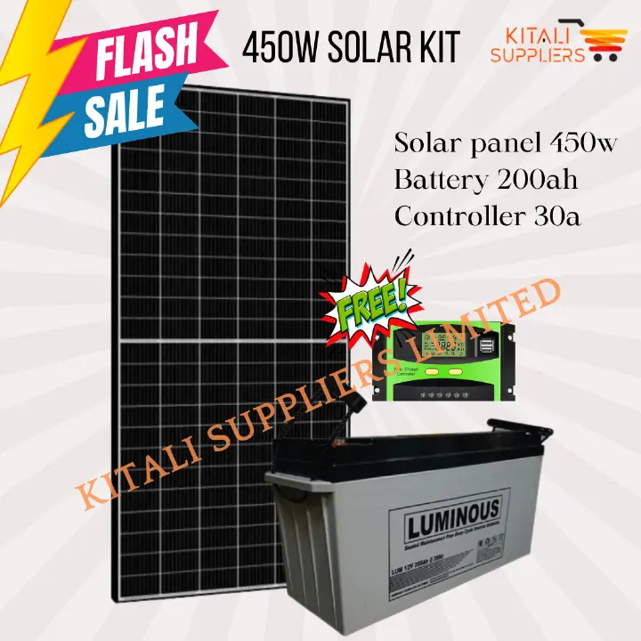 450W Solar Full Kit – 450W Solar Panel + 200Ah Luminous Battery + 30A Charge Controller | Complete Solar Power System. A complete solar energy solution designed for homes, offices, schools, shops.