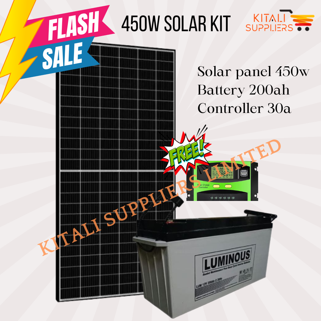 450W Solar Full Kit – 450W Solar Panel + 200Ah Luminous Battery + 30A Charge Controller | Complete Solar Power System. A complete solar energy solution designed for homes, offices, schools, shops.