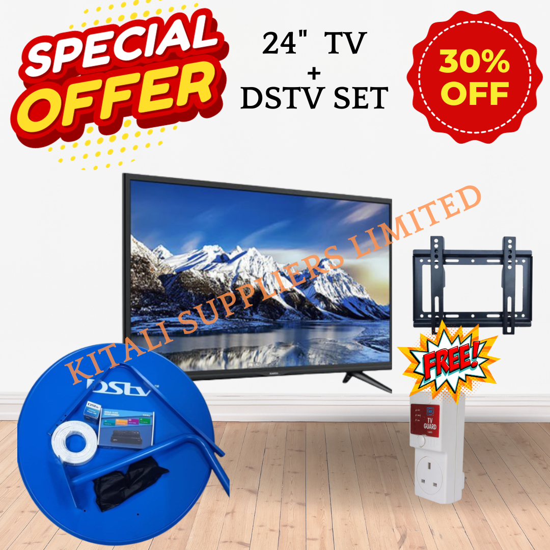 24 Inch Digital HD TV + DSTV Full Kit (Dish, Decoder, LNB, 25M Cable) + Free Wall Mount & TV Guard. Offers an all-in-one solution for home entertainment, rentals, offices, schools, & small businesses