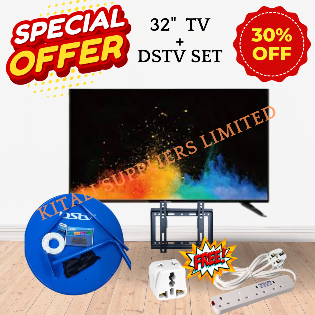 32 Inch Digital HD TV + DSTV Full Kit (Dish, Decoder, LNB, 25M Cable) + Free Wall Mount & TV Guard. A complete entertainment solution for homes, hotels, rentals, schools, and businesses.