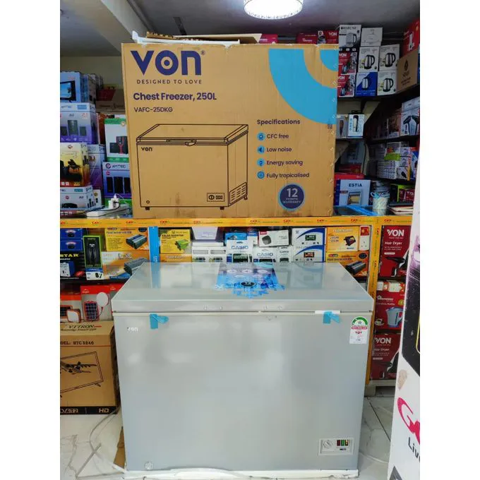 Von Chest Freezer 250 Litres – Extra-Large Capacity, Fast Cooling, Energy-Saving Deep Freezer for Home & Business. Designed to deliver superior cooling performance, long-term durability, and maximum.