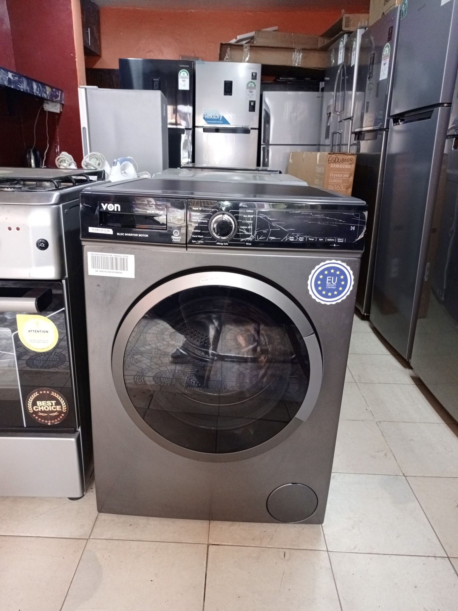 Von VALW-10FVK 10KG Front Load Washing Machine – Silver, Inverter Motor, Quick Wash, LED Display, Low Noise & Energy Efficient.