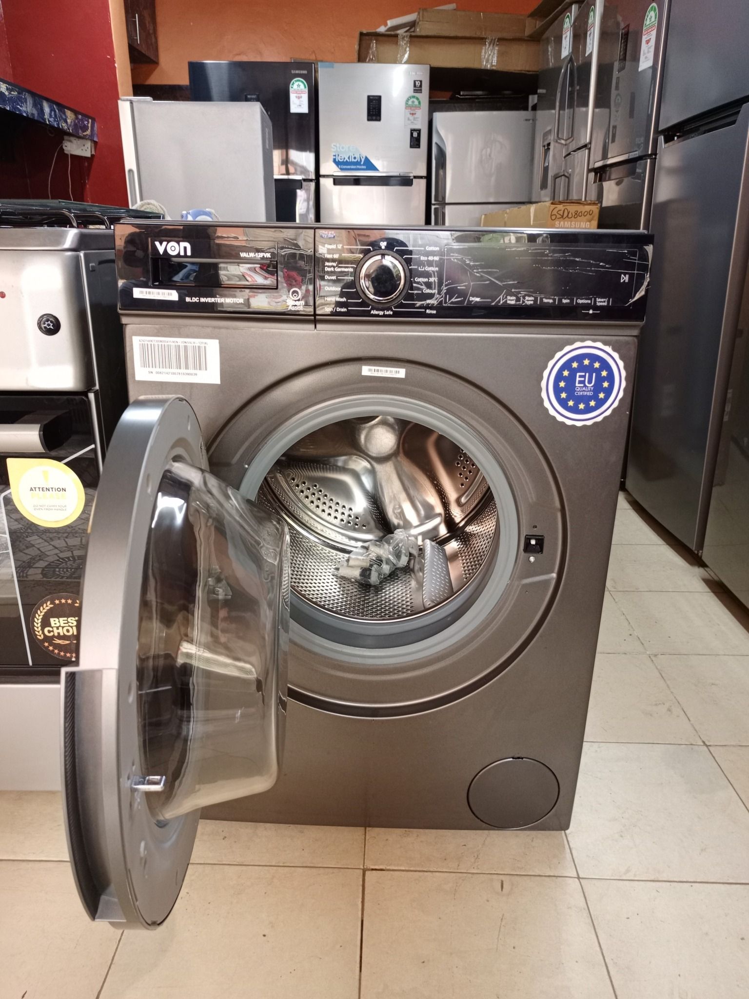 Von VALW-10FVK 10KG Front Load Washing Machine – Silver, Inverter Motor, Quick Wash, LED Display, Low Noise & Energy Efficient.