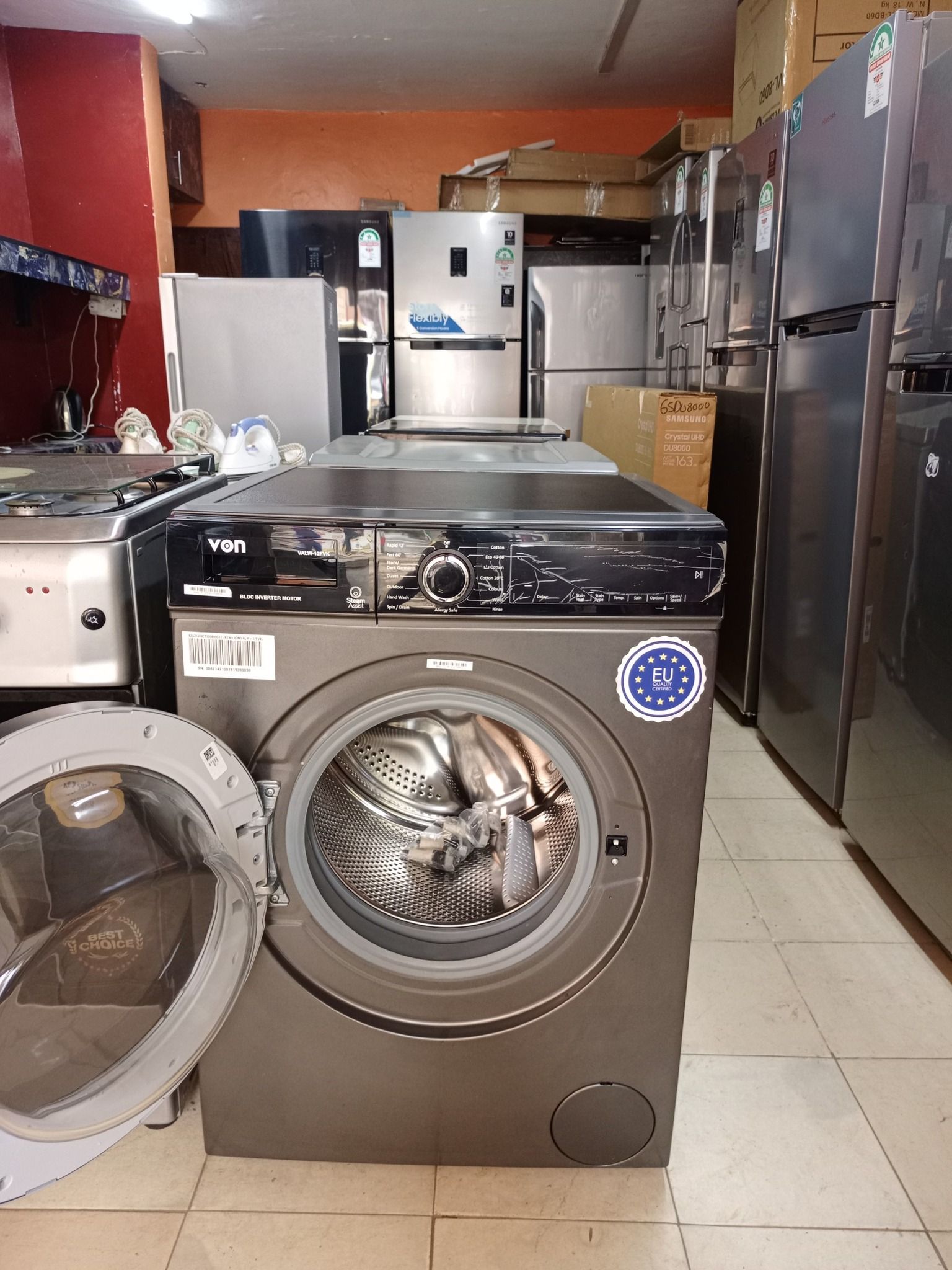 Von VALW-10FVK 10KG Front Load Washing Machine – Silver, Inverter Motor, Quick Wash, LED Display, Low Noise & Energy Efficient.