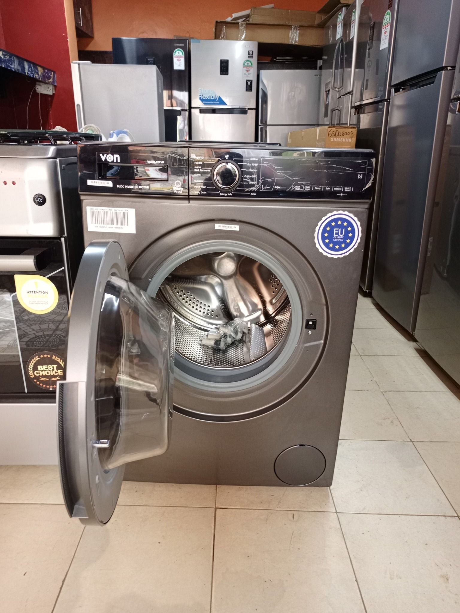 Von VALW-10FVK 10KG Front Load Washing Machine – Silver, Inverter Motor, Quick Wash, LED Display, Low Noise & Energy Efficient.