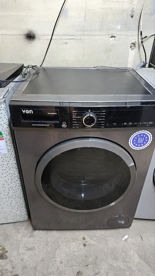 Von VALW-10FVK 10KG Front Load Washing Machine – Silver, Inverter Motor, Quick Wash, LED Display, Low Noise & Energy Efficient.