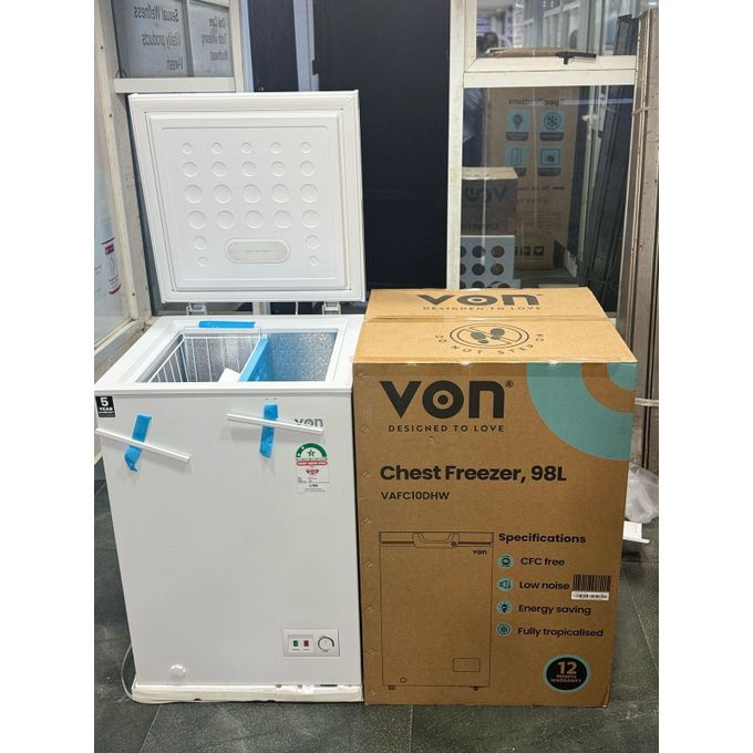 Von Chest Freezer 98 Litres – Compact, Energy-Efficient, Fast Cooling Deep Freezer for Home & Small Shops. A compact, reliable, and energy-efficient freezer designed for home use and small businesses.