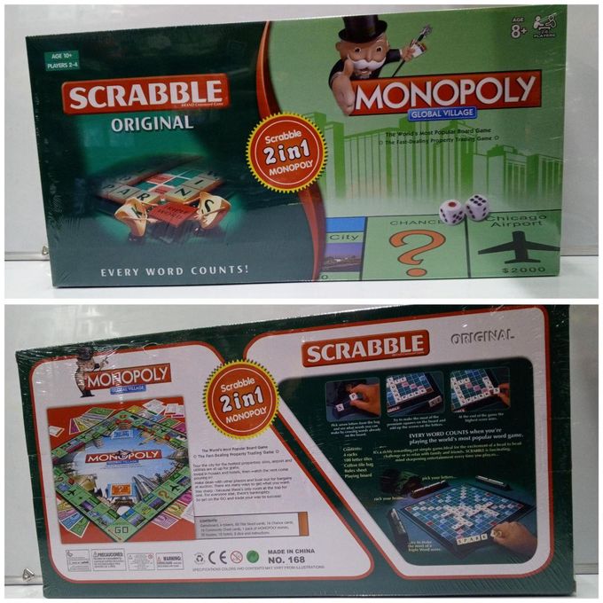 2-in-1 Monopoly & Scrabble Board Game – Classic Family Strategy & Word Game Set. Combines money strategy and word-building fun, making it perfect for family game nights, schools, and social gathering.