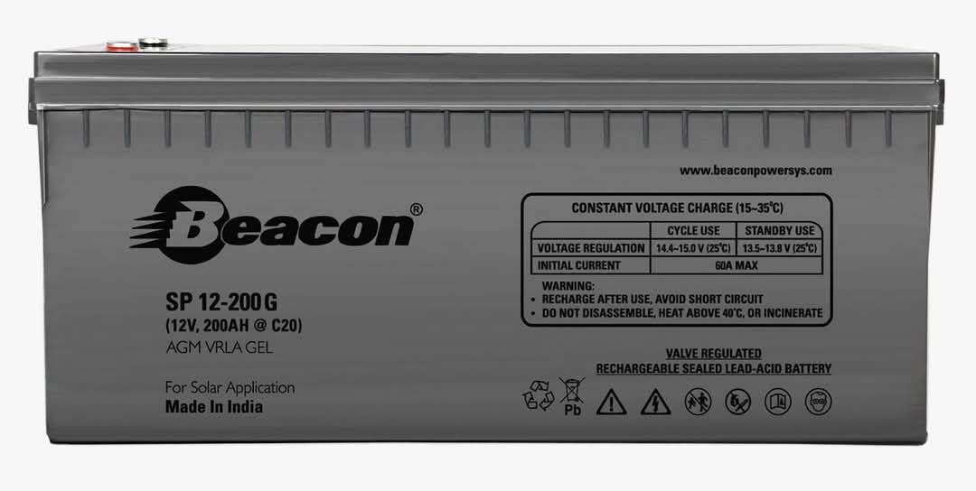 Beacon 200Ah VRLA Battery – Reliable, Maintenance-Free Power. Ideal for inverters and solar systems, it's sealed, maintenance-free, and built for long life.