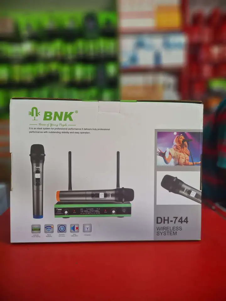 BNK Wireless Microphone System DH_744 – 2-Channel Professional UHF Wireless Mic with Auto Mute & Power Saving. A professional-grade wireless audio solution ideal for karaoke, events, conferences.