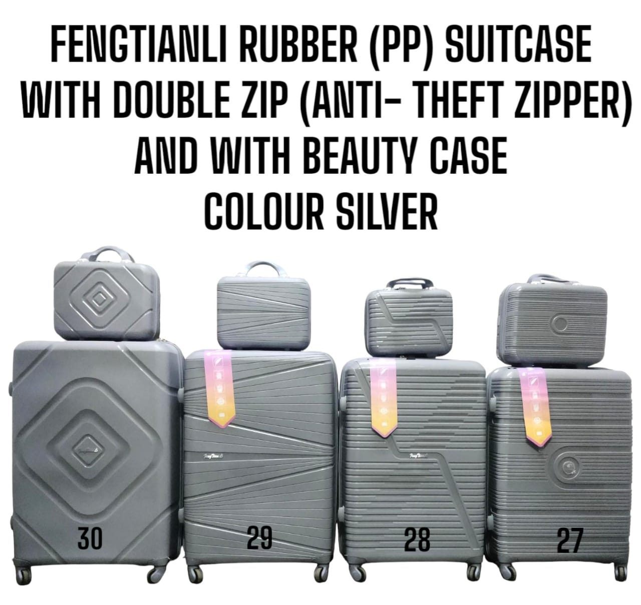 4IN1 CLASSIC FENGTIANLI PP (RUBBER) SUITCASE* WITH DOUBLE ZIP *(ANTI THEFT ZIP )* AND WITH BEAUTY CASE