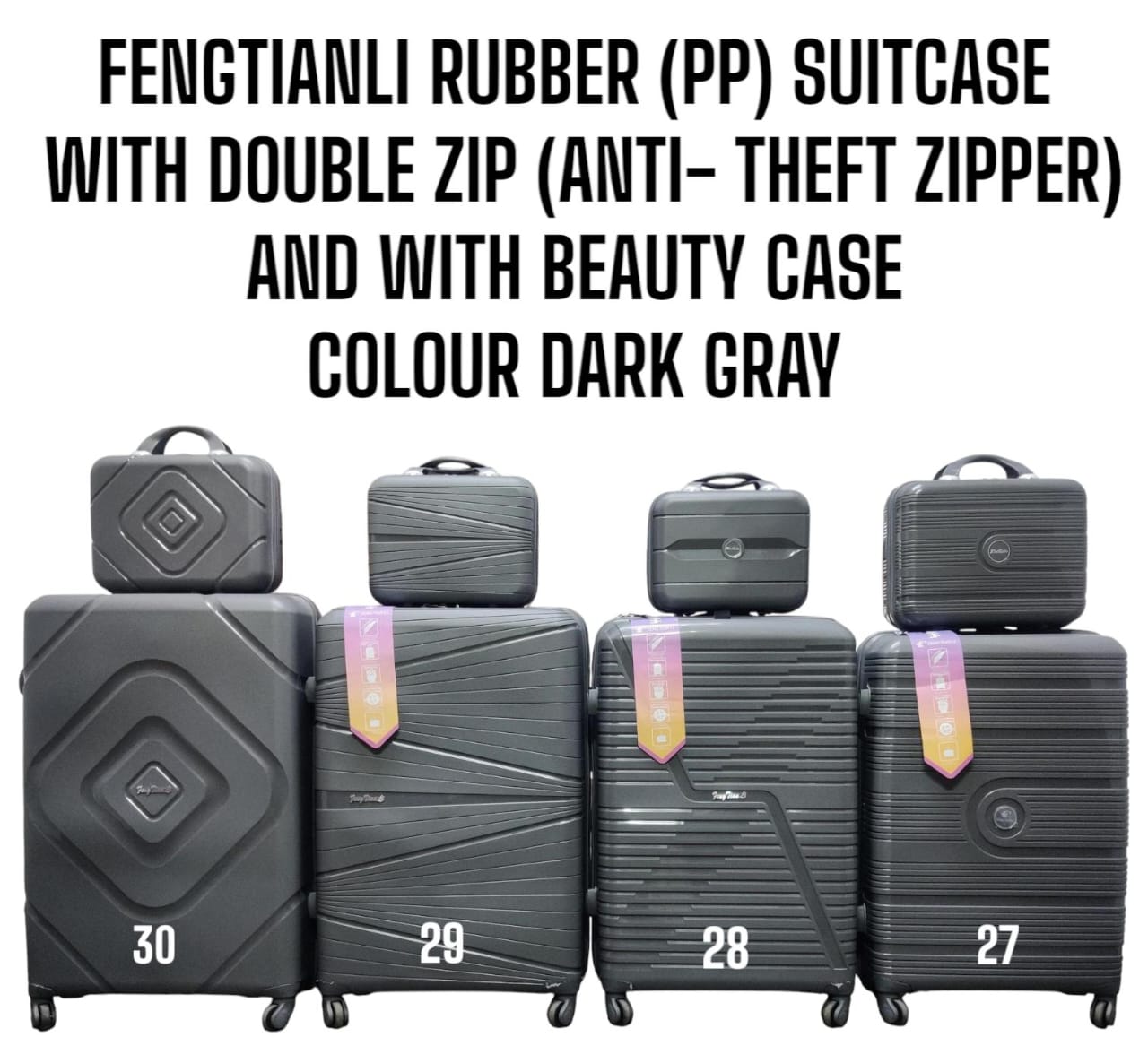 4IN1 CLASSIC FENGTIANLI PP (RUBBER) SUITCASE* WITH DOUBLE ZIP *(ANTI THEFT ZIP )* AND WITH BEAUTY CASE