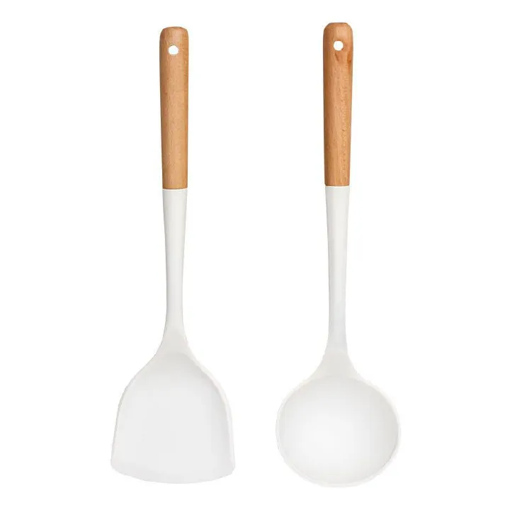 2PCS Cookware Wooden Handle Silicone Spatula Kitchen Non-Stick Cooking Silicone Spatula Spoon Set Household Cooking Spatula Soup Spoon 2PCS Cookware Wooden Handle Silicone Spatula Kitchen Non-Stick Co