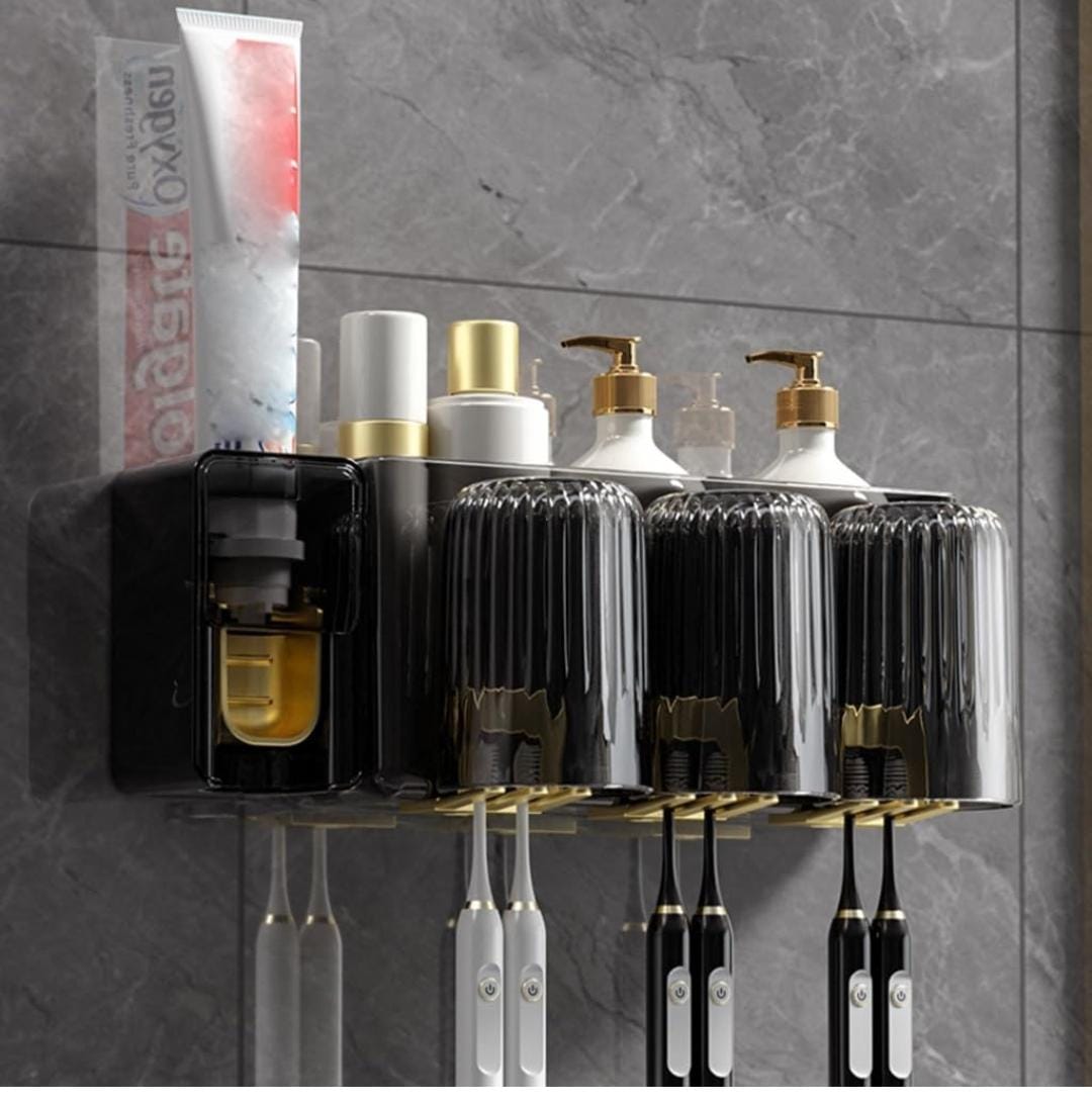 Classy Acrylic Integrated inverted toothbrush holder, toothpaste dispenser, 3 cups bathroom organizer