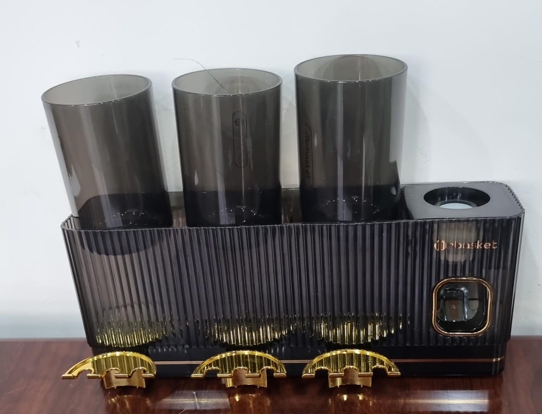 Classy Acrylic Integrated inverted toothbrush holder, toothpaste dispenser, 3 cups bathroom organizer