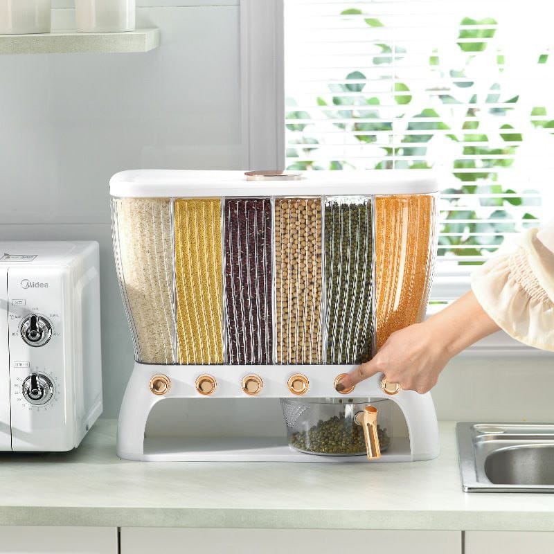 acrylic 6 compartments big capacity 12 kg cereal dispenser kitchen organizer