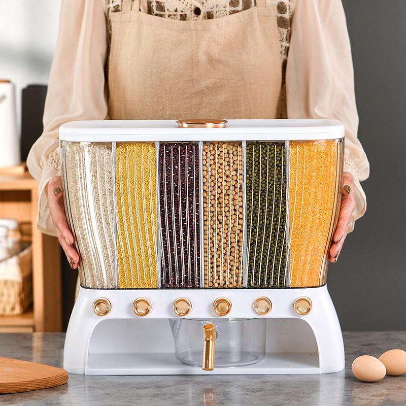 acrylic 6 compartments big capacity 12 kg cereal dispenser kitchen organizer
