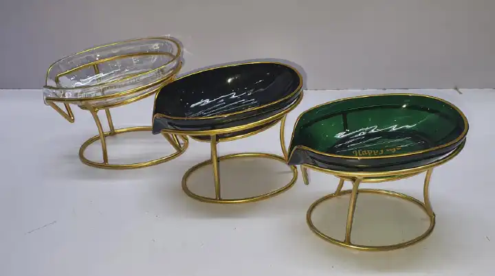 Classy Happy life 45 degree slanted self draining soap dish with a golden stand