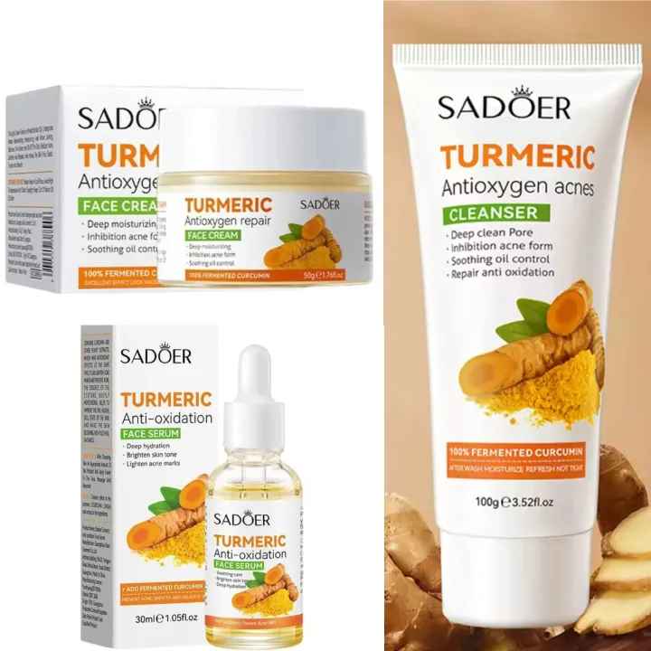 Sadoer Tumeric 3 in 1 Set, Turmeric Anti Acne Cleanser + Turmeric Face Serum + Tumeric Cream, Like Vitamin C, Guarantees Smooth Skin, Prevent Acnes, Control Oil, Remove Dark Spots ,Moisturize, Refresh