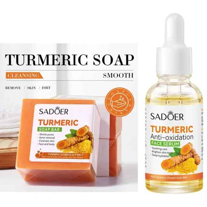 Sadoer Duo Set of Tumeric Anti Oxidation Turmeric Soap Bar + Turmeric Serum Anti Acnes, Like Vitamin C, it is Effective in Acne Removal, Pore Shrinking and Skin Tone Brightening