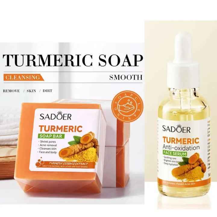 Sadoer Duo Set of Tumeric Anti Oxidation Turmeric Soap Bar + Turmeric Serum Anti Acnes, Like Vitamin C, it is Effective in Acne Removal, Pore Shrinking and Skin Tone Brightening